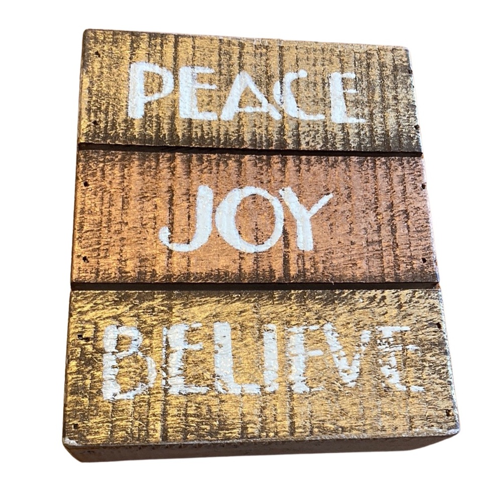 Peace Joy Believe Christmas Holiday Decor Gold Wooden Sign Primitives by Kathy